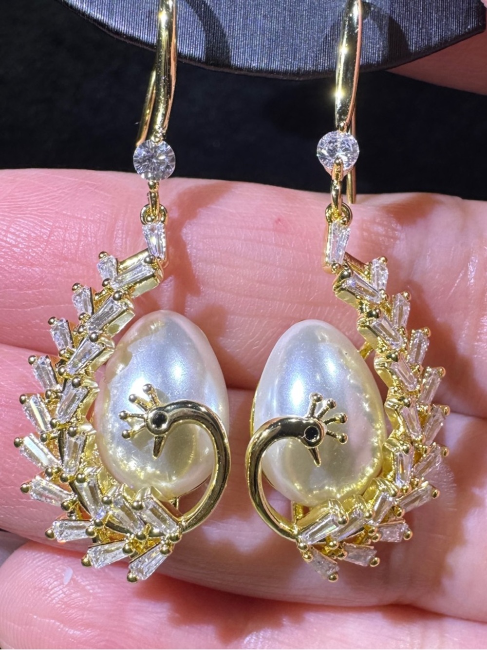 Pearl Peacock Drop Earrings Gold Elegant Statement Style